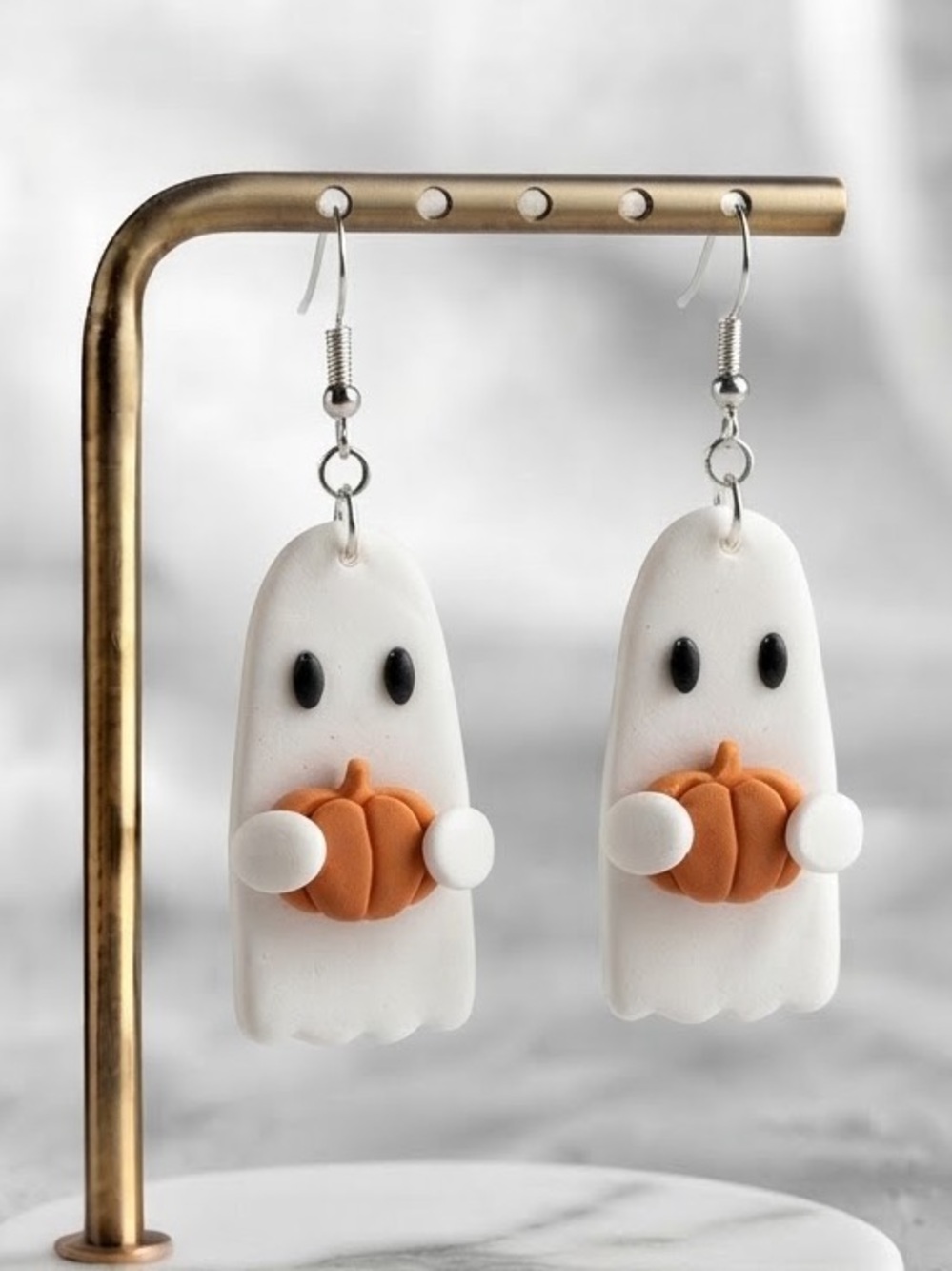 Fall Ghostie Holding Pumpkin — Fall — Handmade Earrings — White & Orange